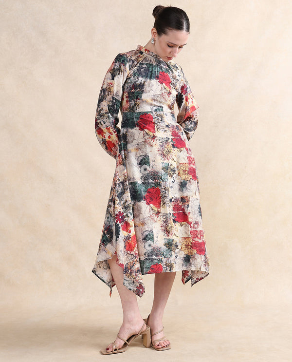 Rareism Women Baylo Dusky Multi Nylon Viscose Fabric Smocked Sleeve Ruffled Neck Zipper Closure Asymmetric Fit Midi Abstract Print Dress