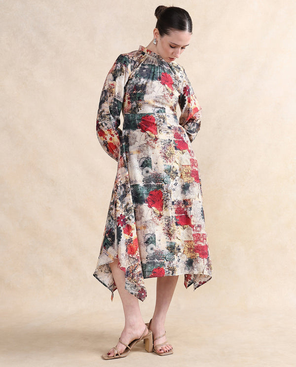 Rareism Women Baylo Dusky Multi Nylon Viscose Fabric Smocked Sleeve Ruffled Neck Zipper Closure Asymmetric Fit Midi Abstract Print Dress