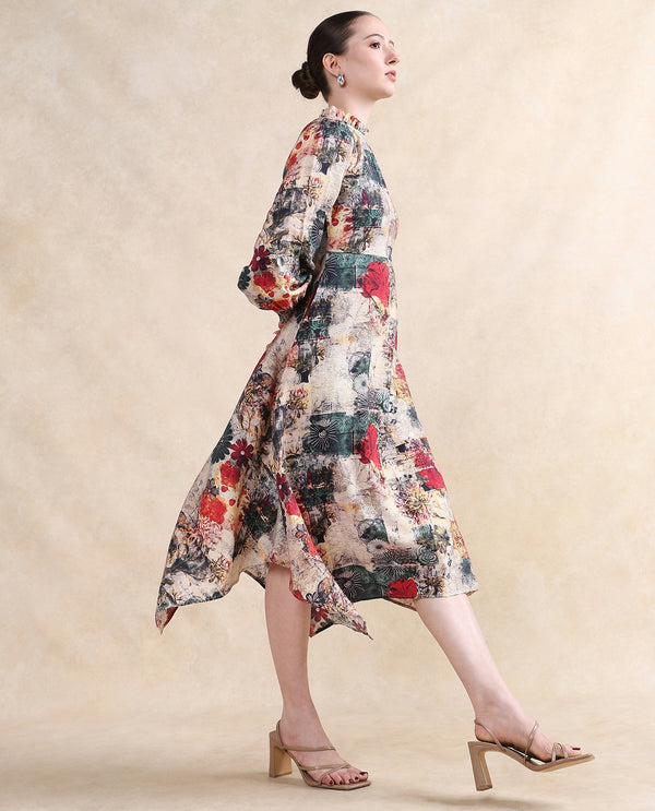 Rareism Women Baylo Dusky Multi Nylon Viscose Fabric Smocked Sleeve Ruffled Neck Zipper Closure Asymmetric Fit Midi Abstract Print Dress