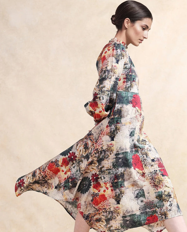 Rareism Women Baylo Dusky Multi Nylon Viscose Fabric Smocked Sleeve Ruffled Neck Zipper Closure Asymmetric Fit Midi Abstract Print Dress