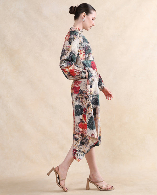 Rareism Women Baylo Dusky Multi Nylon Viscose Fabric Smocked Sleeve Ruffled Neck Zipper Closure Asymmetric Fit Midi Abstract Print Dress
