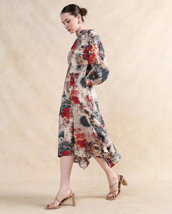 Rareism Women Baylo Dusky Multi Nylon Viscose Fabric Smocked Sleeve Ruffled Neck Zipper Closure Asymmetric Fit Midi Abstract Print Dress