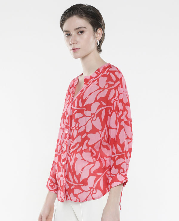 Rareism Women Bayton-SC Red Button Closure Cuffed Sleeve Mandarin Collar Relaxed Fit Floral Print Top