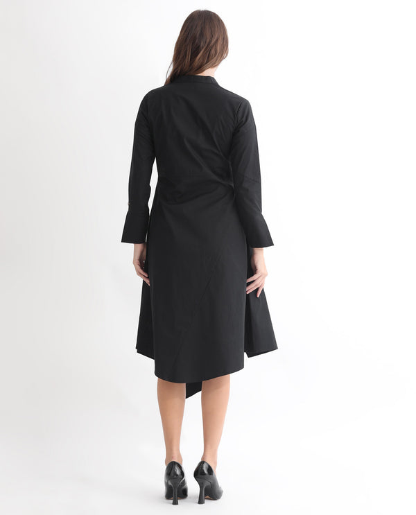 Rareism Women Beetal Black Mandarin Collar Front Button Closure Placket Full Sleeve With Asymmetric Knee Length Dress