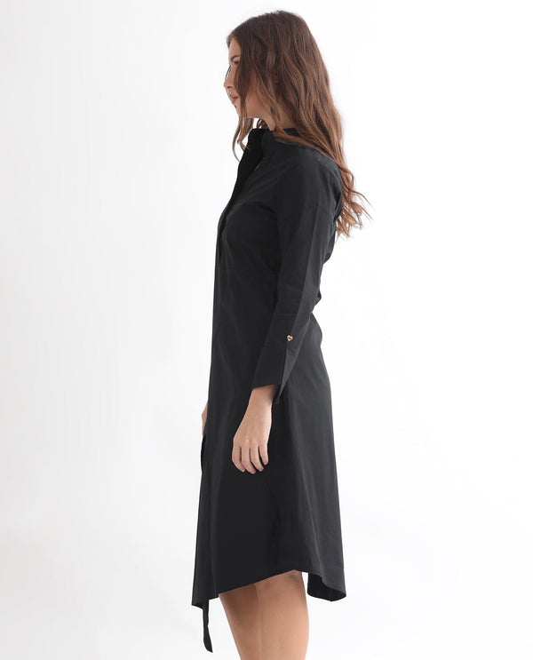 Rareism Women Beetal Black Mandarin Collar Front Button Closure Placket Full Sleeve With Asymmetric Knee Length Dress