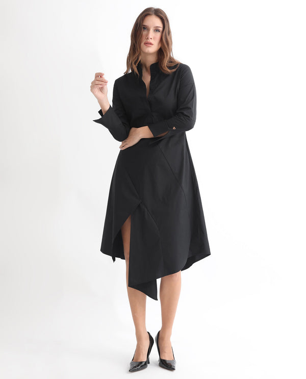 Rareism Women Beetal Black Mandarin Collar Front Button Closure Placket Full Sleeve With Asymmetric Knee Length Dress