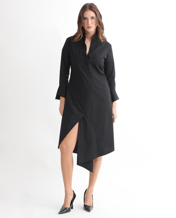 Rareism Women Beetal Black Mandarin Collar Front Button Closure Placket Full Sleeve With Asymmetric Knee Length Dress