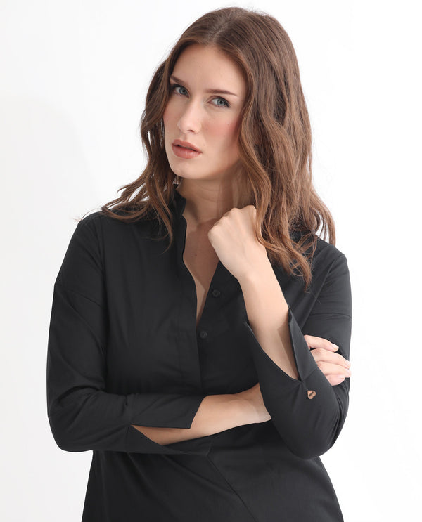 Rareism Women Beetal Black Mandarin Collar Front Button Closure Placket Full Sleeve With Asymmetric Knee Length Dress