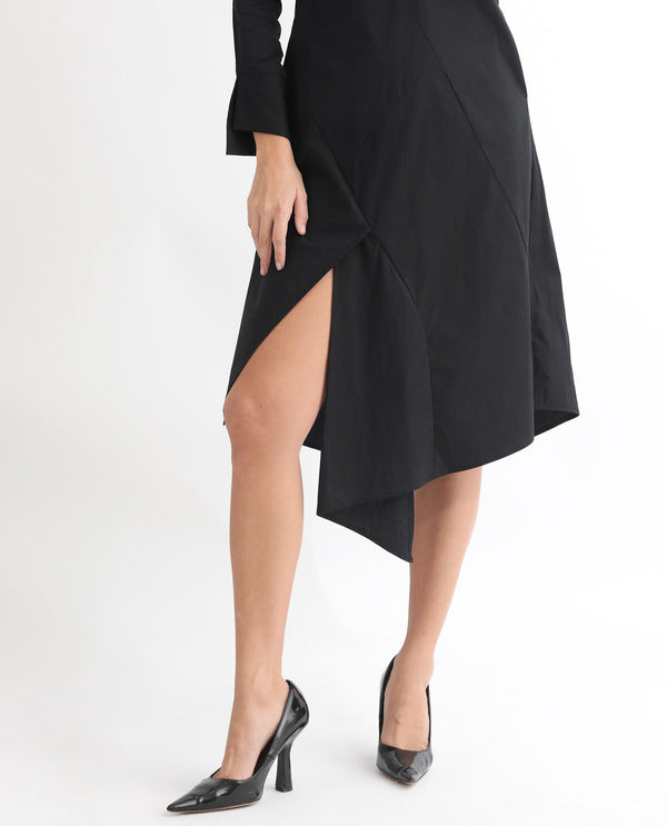 Rareism Women Beetal Black Mandarin Collar Front Button Closure Placket Full Sleeve With Asymmetric Knee Length Dress