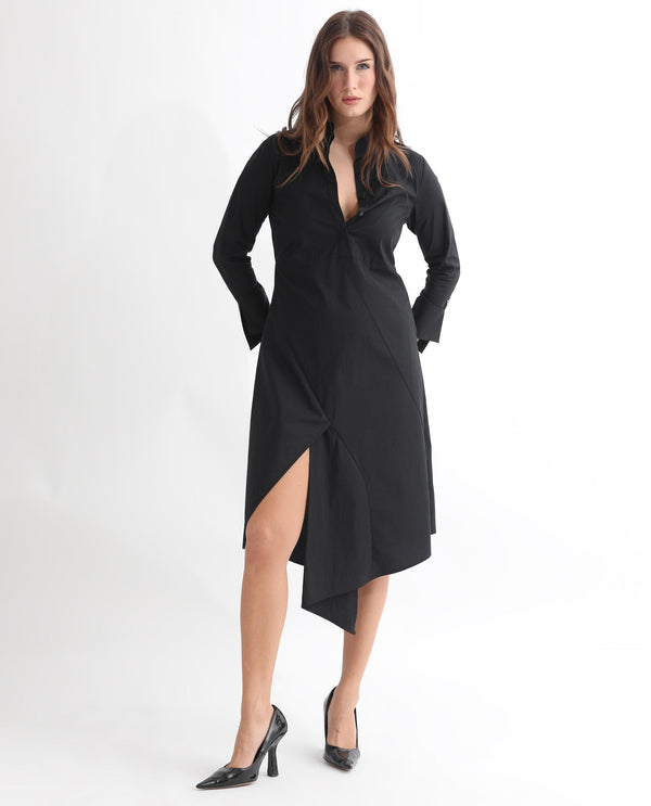 Rareism Women Beetal Black Mandarin Collar Front Button Closure Placket Full Sleeve With Asymmetric Knee Length Dress