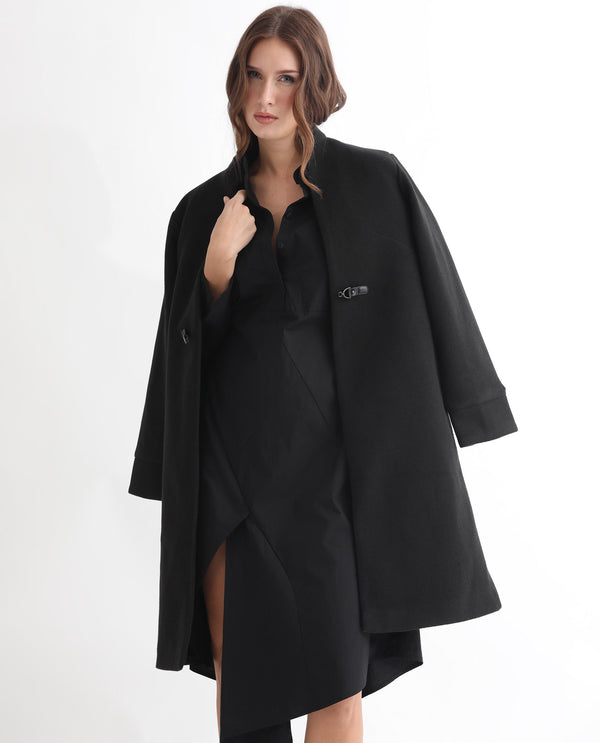 Rareism Women Beetal Black Mandarin Collar Front Button Closure Placket Full Sleeve With Asymmetric Knee Length Dress
