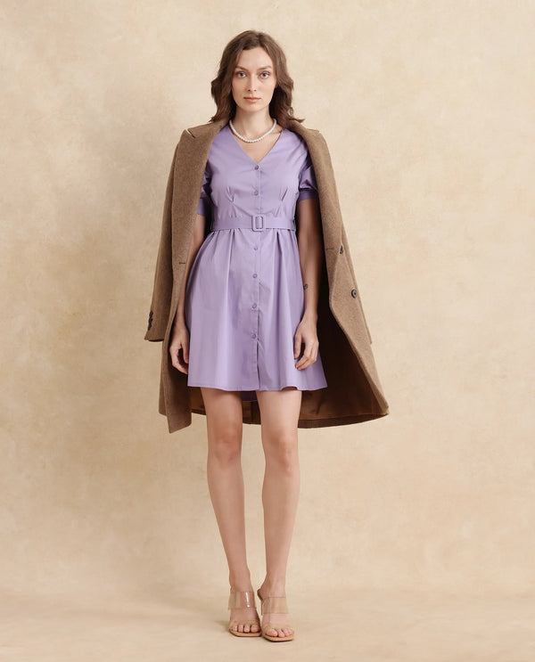 Rareism Women's Beew Dusky Purple  V-Neck Button Closure Bishop Sleeve Plain Fit And Flare Mini Dress