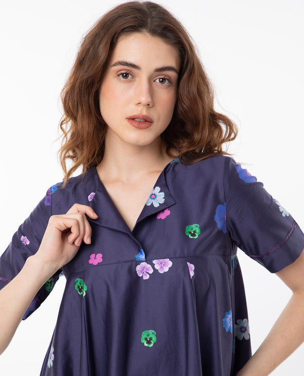 Rareism Women Belente Blue Cotton Fabric Short Sleeves Lapel Neck Flared Fit Floral Print Midi Empire Dress
