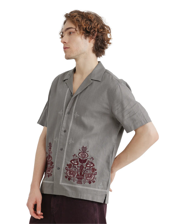 Rare Rabbit Men Bellac Grey Cotton Fabric Plain Shirt