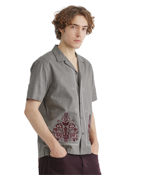 Rare Rabbit Men Bellac Grey Cotton Fabric Plain Shirt