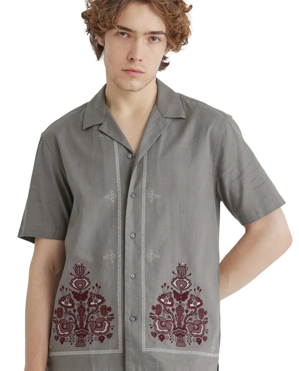 Rare Rabbit Men Bellac Grey Cotton Fabric Plain Shirt