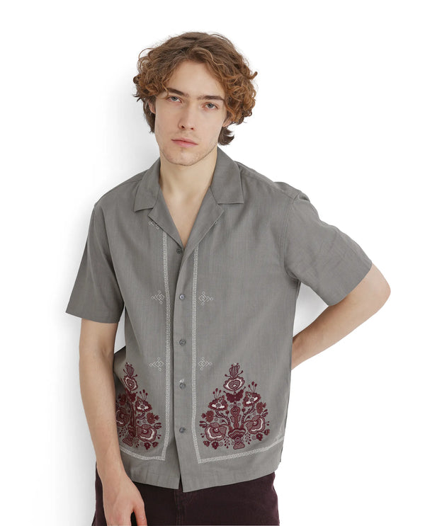 Rare Rabbit Men Bellac Grey Cotton Fabric Plain Shirt