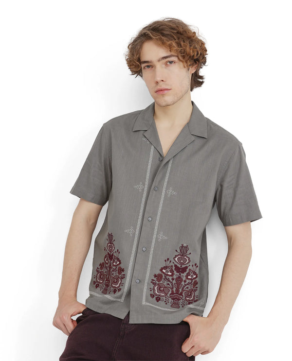 Rare Rabbit Men Bellac Grey Cotton Fabric Plain Shirt