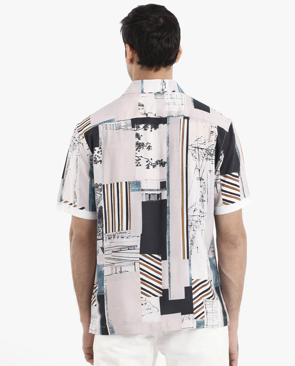 Rare Rabbit Men's Bellatrix White Viscose Fabric Short Sleeve Regular Fit Abstract Print Shirt