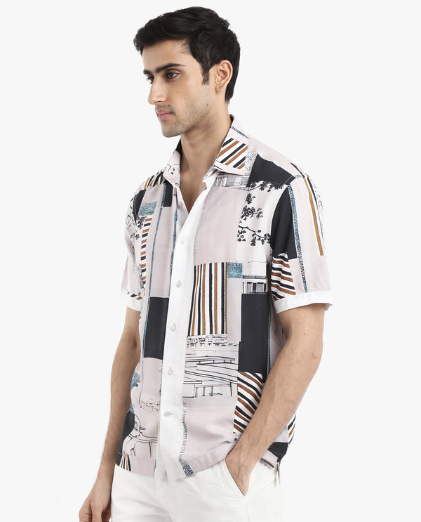 Rare Rabbit Men's Bellatrix White Viscose Fabric Short Sleeve Regular Fit Abstract Print Shirt