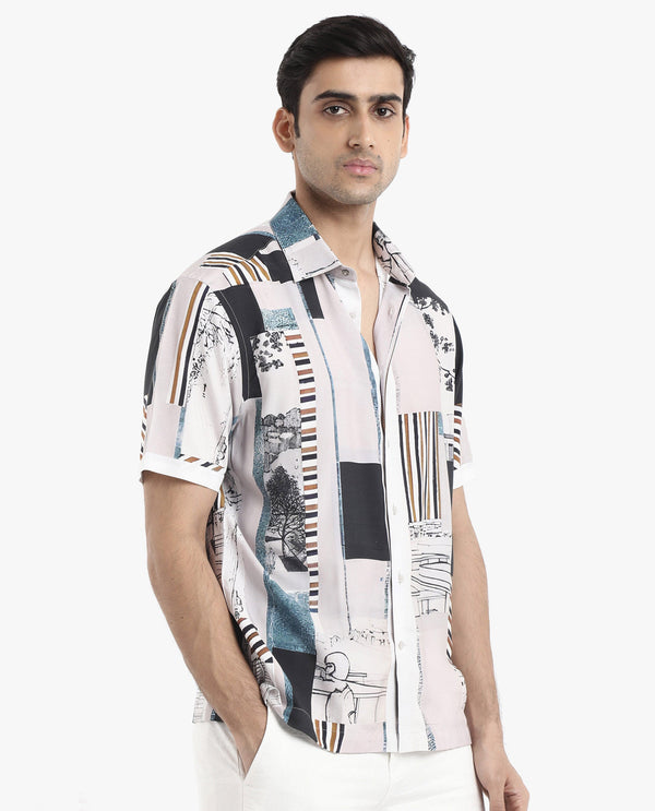 Rare Rabbit Men's Bellatrix White Viscose Fabric Short Sleeve Regular Fit Abstract Print Shirt