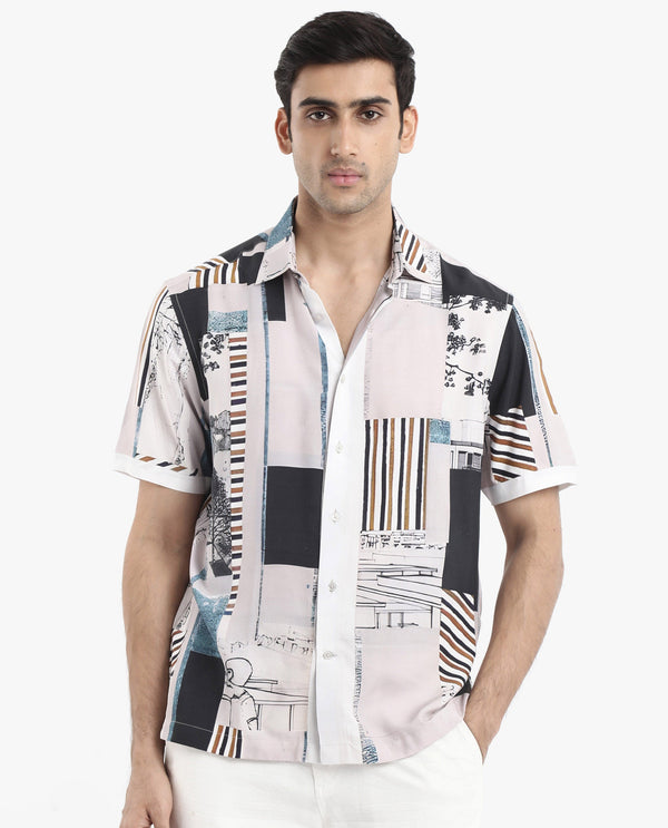 Rare Rabbit Men's Bellatrix White Viscose Fabric Short Sleeve Regular Fit Abstract Print Shirt