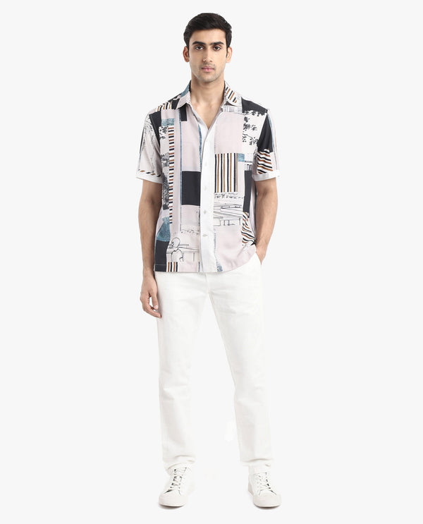 Rare Rabbit Men's Bellatrix White Viscose Fabric Short Sleeve Regular Fit Abstract Print Shirt