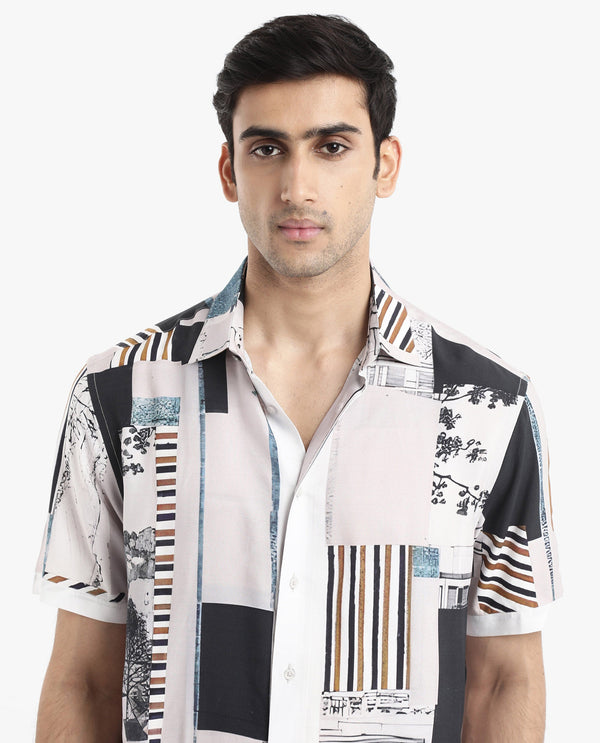 Rare Rabbit Men's Bellatrix White Viscose Fabric Short Sleeve Regular Fit Abstract Print Shirt