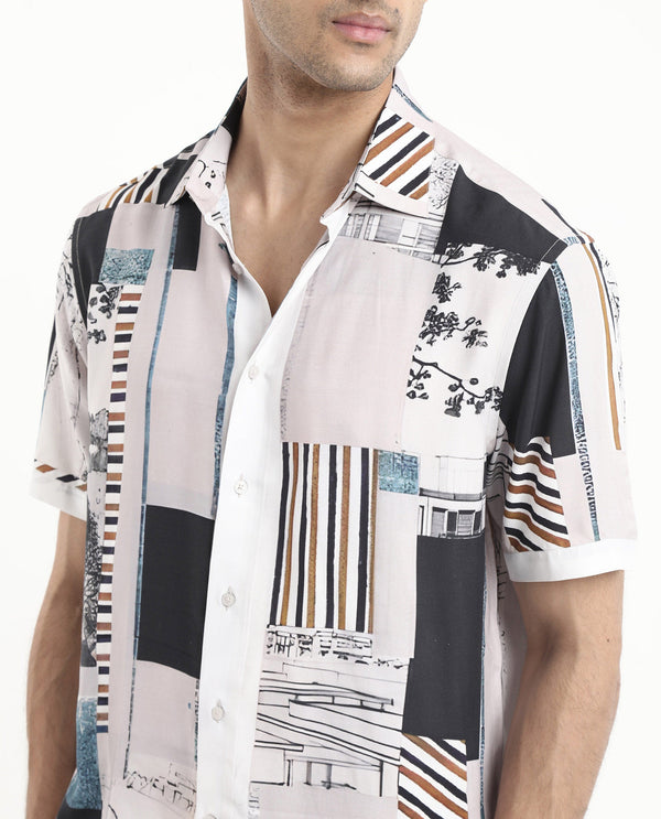 Rare Rabbit Men's Bellatrix White Viscose Fabric Short Sleeve Regular Fit Abstract Print Shirt
