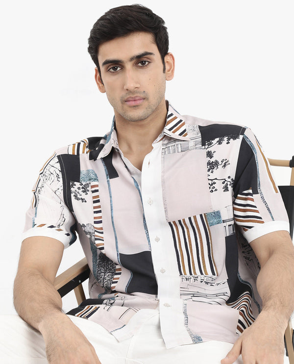 Rare Rabbit Men's Bellatrix White Viscose Fabric Short Sleeve Regular Fit Abstract Print Shirt