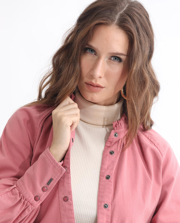 Rareism Women Bellona Dusky Pink Cotton Fabric Full Sleeves Solid Ruffled Neck Jacket