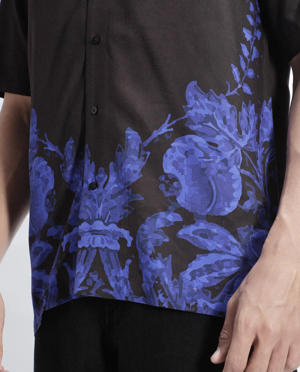 Rare Rabbit Men Bem Dark Brown Viscose Fabric Half Sleeve Cuban Collar Button Closure Boxy Fit Abstract Print Shirt