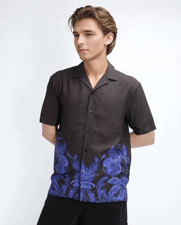 Rare Rabbit Men Bem Dark Brown Viscose Fabric Half Sleeve Cuban Collar Button Closure Boxy Fit Abstract Print Shirt