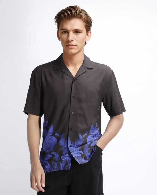 Rare Rabbit Men Bem Dark Brown Viscose Fabric Half Sleeve Cuban Collar Button Closure Boxy Fit Abstract Print Shirt