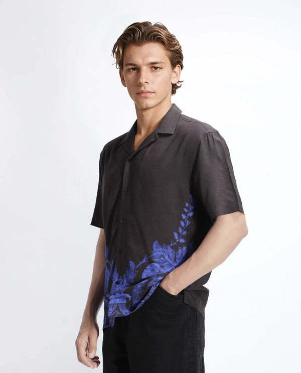 Rare Rabbit Men Bem Dark Brown Viscose Fabric Half Sleeve Cuban Collar Button Closure Boxy Fit Abstract Print Shirt