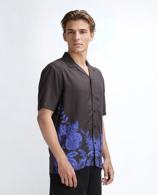 Rare Rabbit Men Bem Dark Brown Viscose Fabric Half Sleeve Cuban Collar Button Closure Boxy Fit Abstract Print Shirt