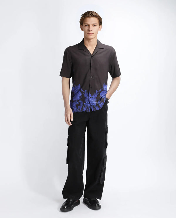 Rare Rabbit Men Bem Dark Brown Viscose Fabric Half Sleeve Cuban Collar Button Closure Boxy Fit Abstract Print Shirt