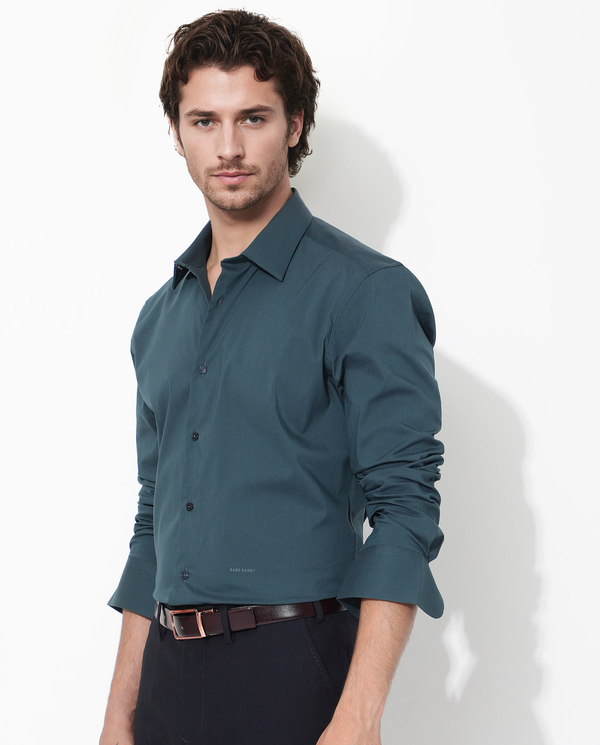 Rare Rabbit Men's Benedict Dark Teal Cotton Poly Elastane Blend Fabric Full Sleeve Solid Formal Shirt