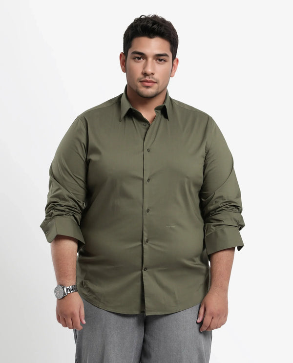 Rare Rabbit Mens Benedict Light Olive Cotton Stretch Drop Collar Full Sleeves Shirt Plus Size