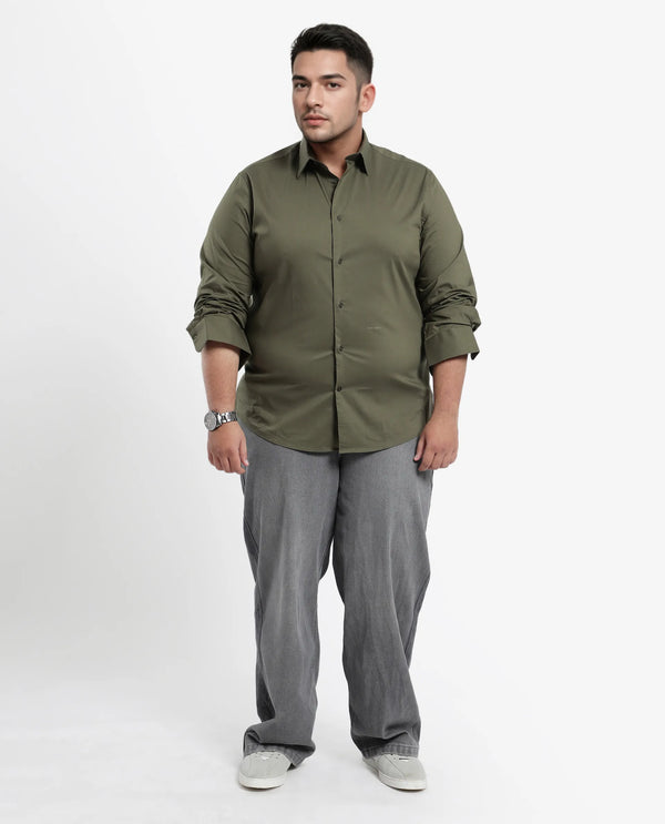 Rare Rabbit Mens Benedict Light Olive Cotton Stretch Drop Collar Full Sleeves Shirt Plus Size