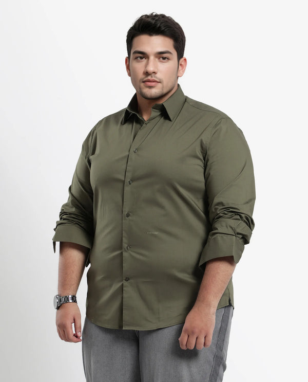Rare Rabbit Mens Benedict Light Olive Cotton Stretch Drop Collar Full Sleeves Shirt Plus Size