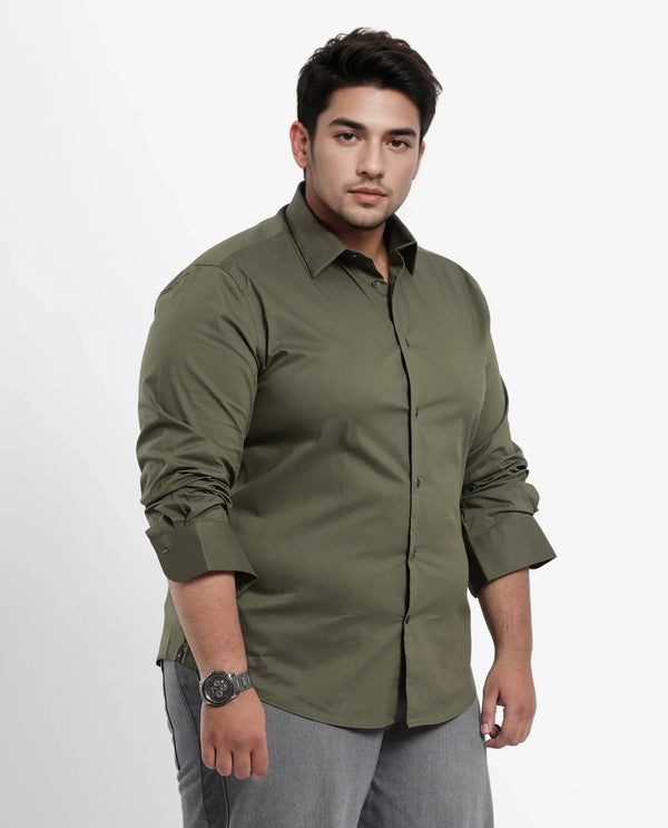 Rare Rabbit Mens Benedict Light Olive Cotton Stretch Drop Collar Full Sleeves Shirt Plus Size