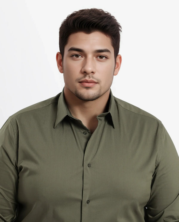 Rare Rabbit Mens Benedict Light Olive Cotton Stretch Drop Collar Full Sleeves Shirt Plus Size