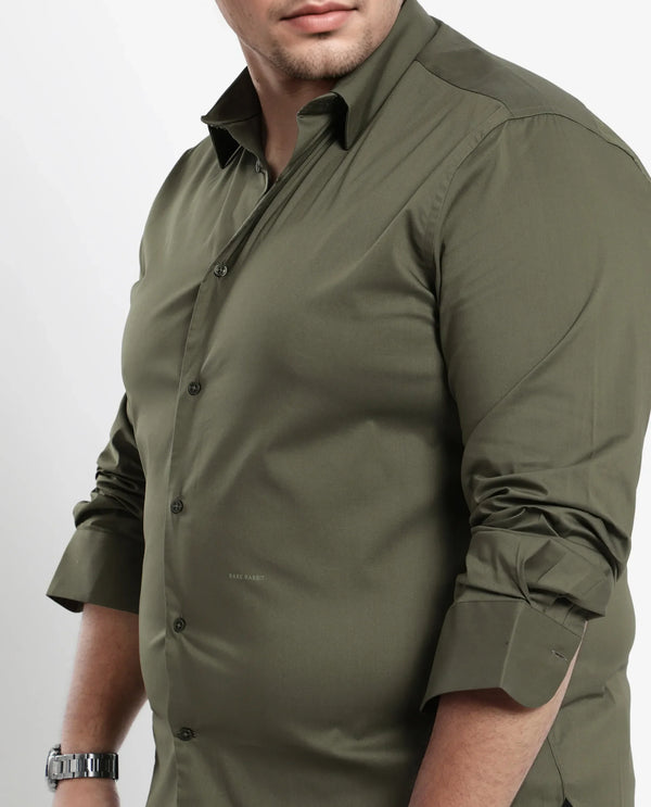 Rare Rabbit Mens Benedict Light Olive Cotton Stretch Drop Collar Full Sleeves Shirt Plus Size