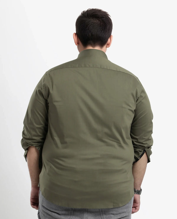 Rare Rabbit Mens Benedict Light Olive Cotton Stretch Drop Collar Full Sleeves Shirt Plus Size