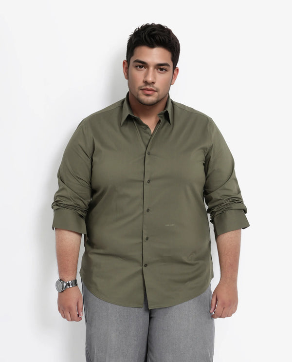 Rare Rabbit Mens Benedict Light Olive Cotton Stretch Drop Collar Full Sleeves Shirt Plus Size