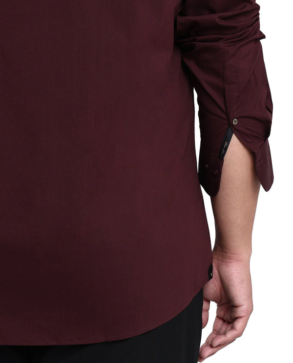 Rare Rabbit Mens Benedict Maroon Cotton Stretch Drop Collar Full Sleeve Solid Shirt Plus Size