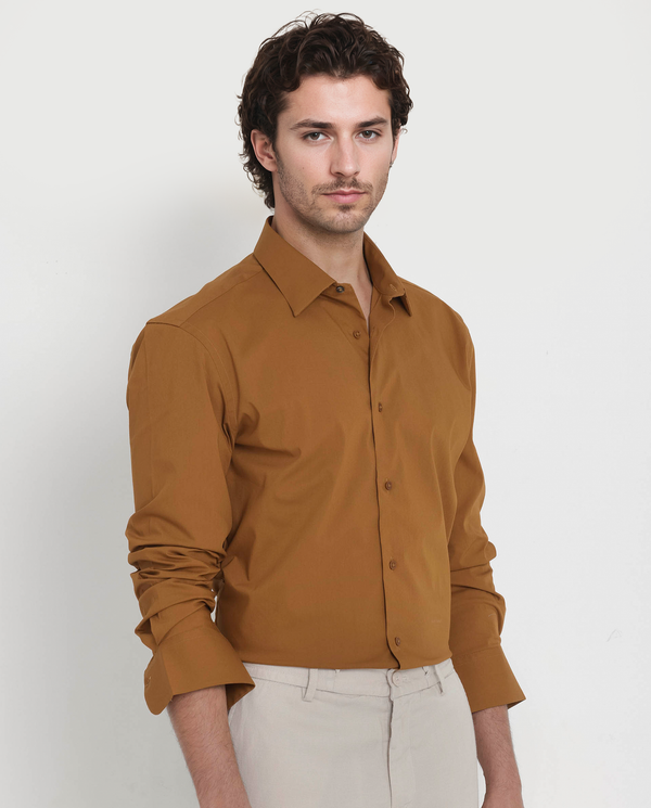 Rare Rabbit Men's Benedict Mustard Cotton Poly Elastane Blend Fabric Full Sleeve Solid Formal Shirt