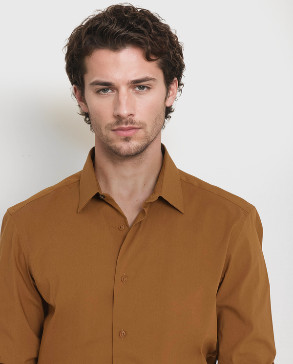Rare Rabbit Men's Benedict Mustard Cotton Poly Elastane Blend Fabric Full Sleeve Solid Formal Shirt