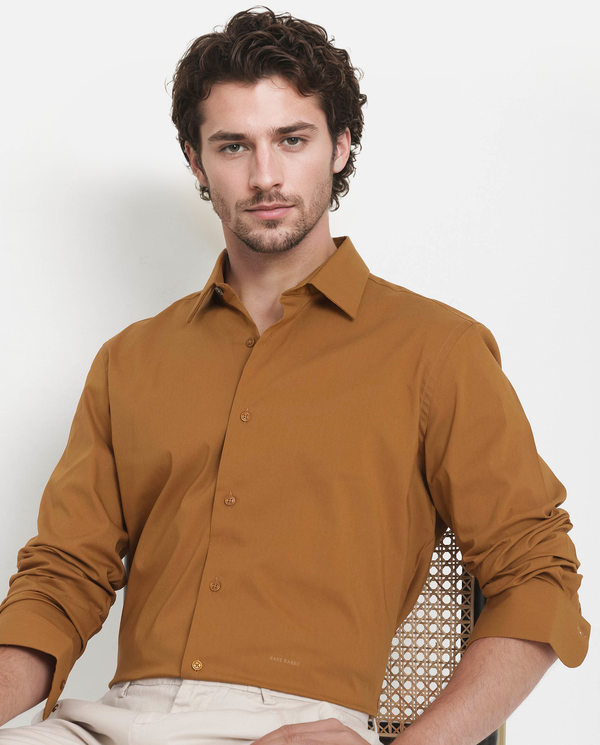 Rare Rabbit Men's Benedict Mustard Cotton Poly Elastane Blend Fabric Full Sleeve Solid Formal Shirt